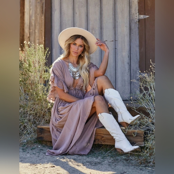 NEW Boho Plunge Gauze Cover Up Maxi Dress Button Front Nude Blush Beige Tan - Picture 6 of 10